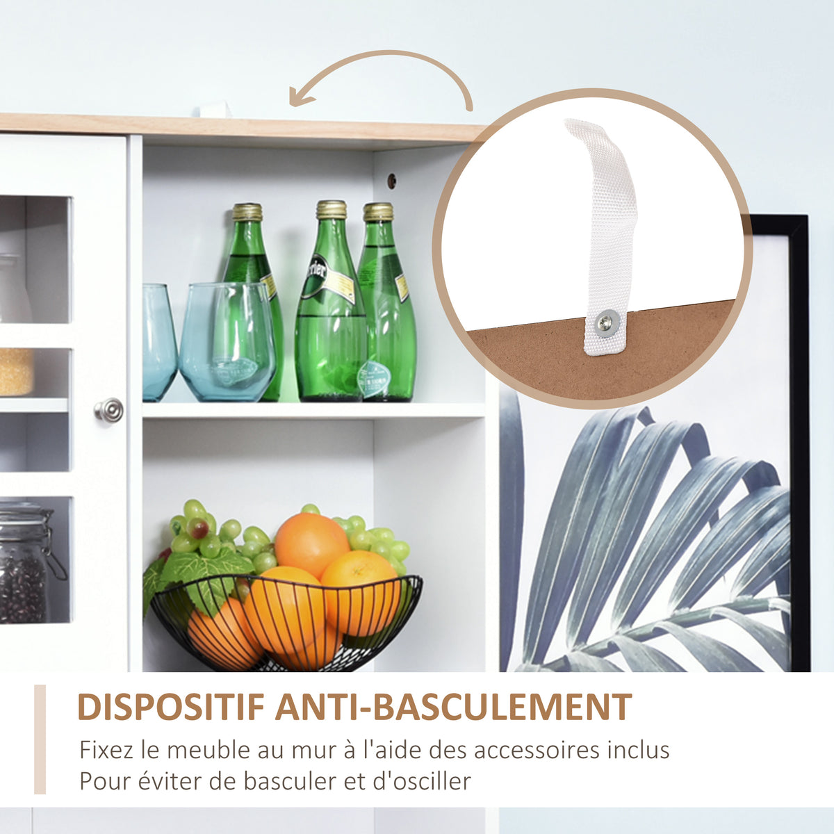 Buffet cuisine, meuble cuisine rangement haut, meuble de rangement avec plan de travail, 3 portes vitrées, 2-6