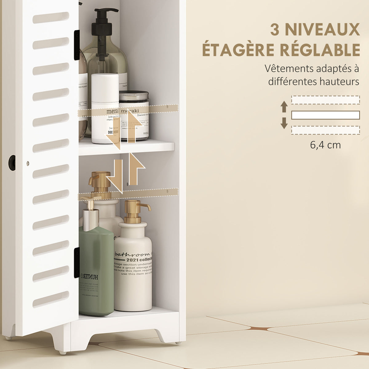 Meuble salle de bain, armoire salle de bain 4 niveaux  porte persienne, étagère ouvert, 22x20x75cm, blanc-4