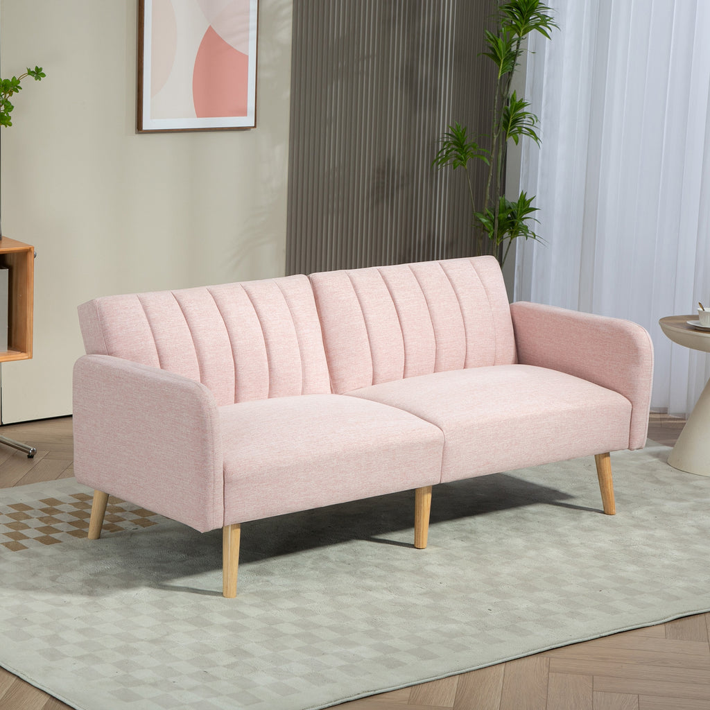 Canapé Convertible 2 Places Design scandinave Dossier inclinable 3 Positions Pieds Bois Tissu Aspect Lin Rose-1