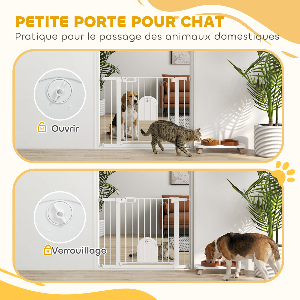 Barrière de sécurité animaux avec porte fermeture automatique système de double verrouillage, acier blanc-5