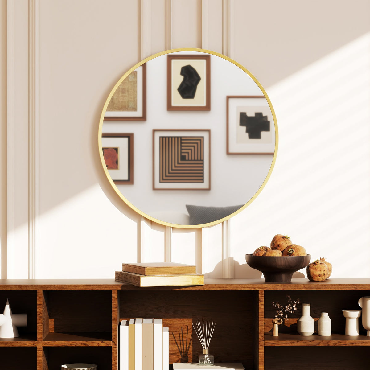 Miroir mural rond Ø 61 cm, cadre en alliage d'aluminium, pour salle de bain, chambre, salon, couloir, doré-1