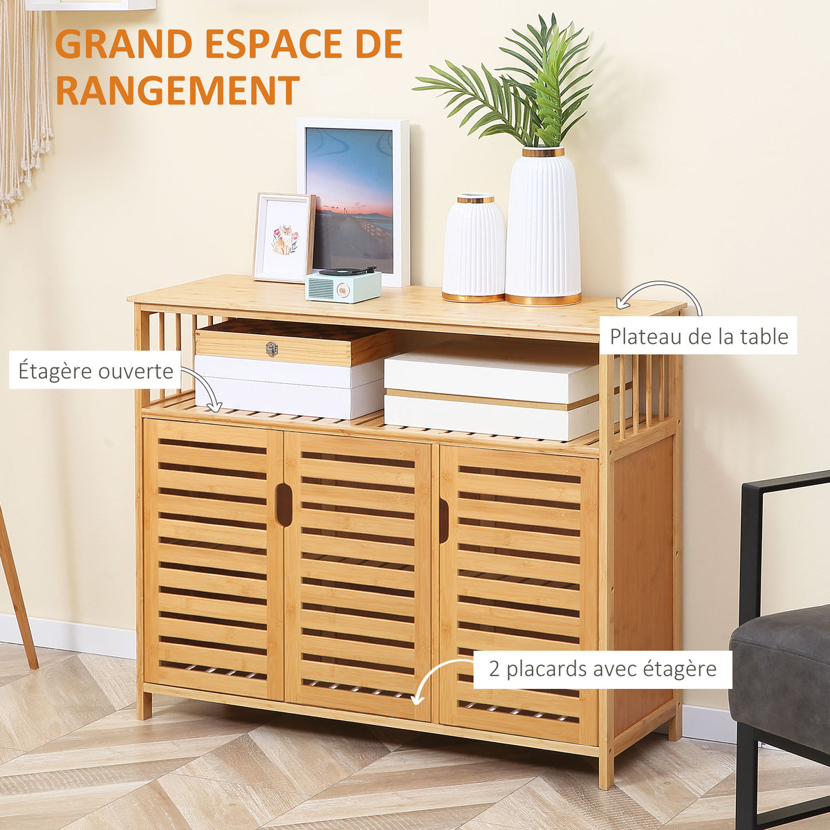 Buffet meuble de rangement 3 portes ajourées et étagères en bambou 100 x 35 x 82 cm naturel-3