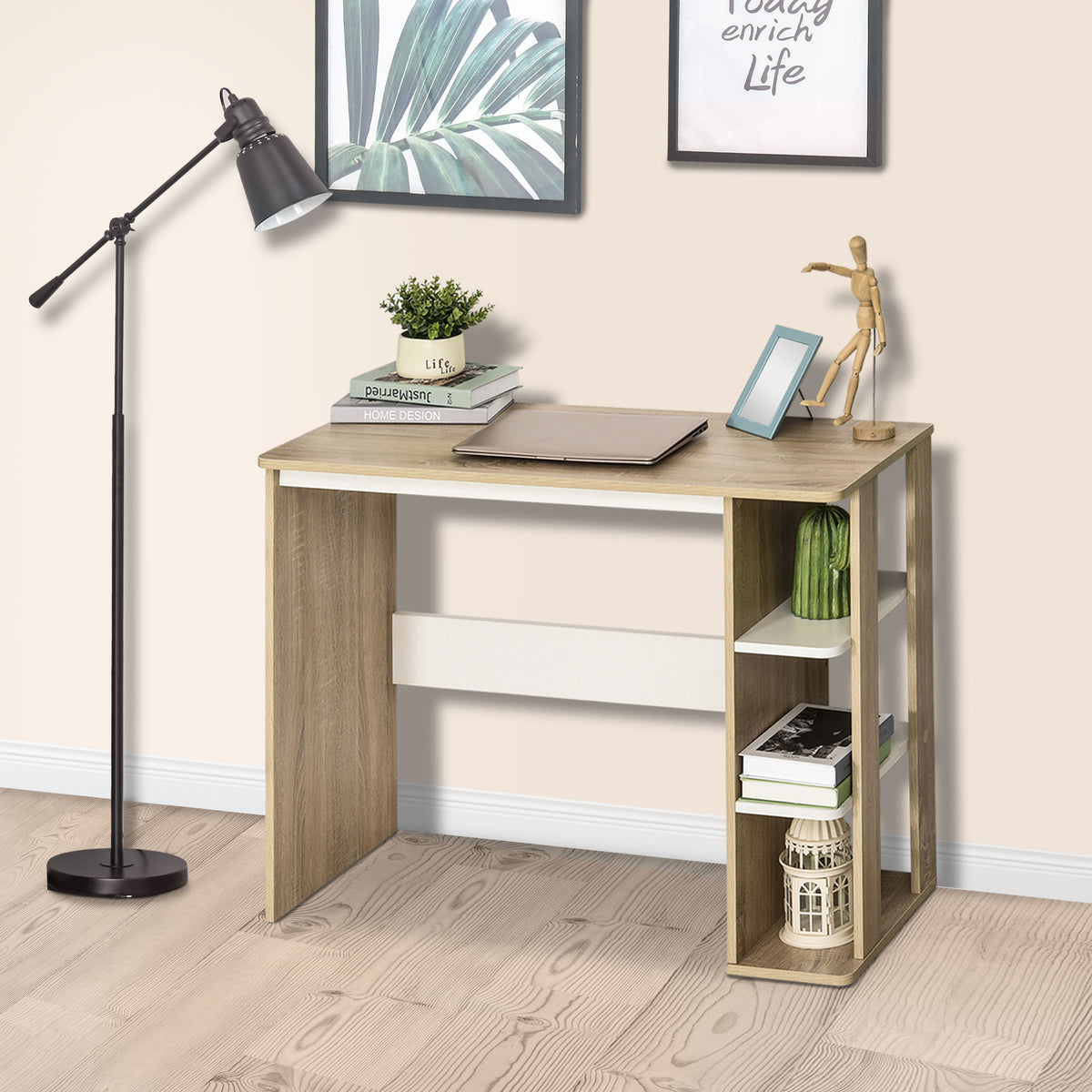 Bureau Informatique Table d'ordinateur 100L x 44l x 74H cm 3 étagères latérales en Bois Couleur chêne Clair Blanc-3