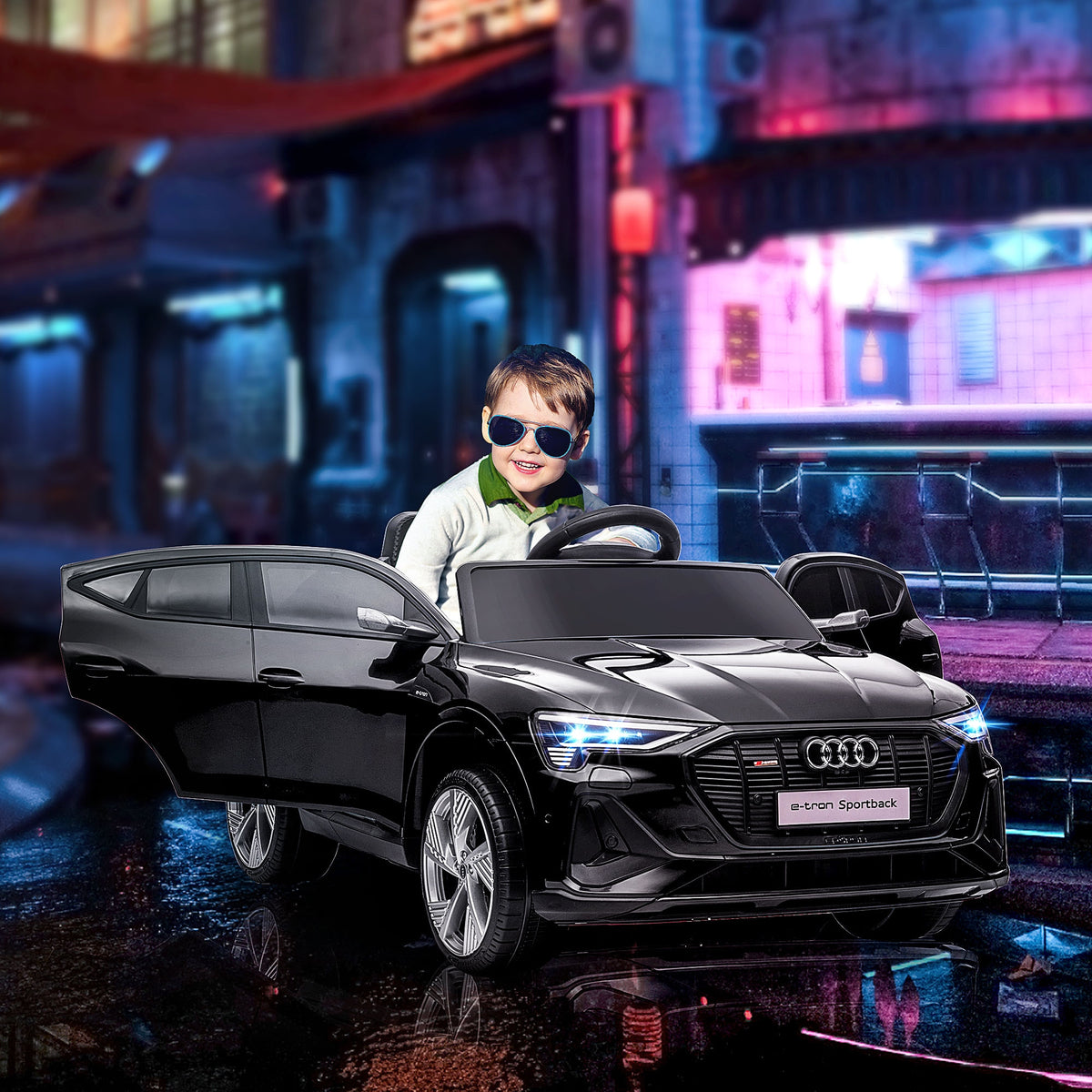 Voiture électrique enfants sous Licence Audi e-tron Sportback, véhicule électrique 12V Max. 5 Km/h avec télécommande 2,4G, phares LED, musique, klaxon, port USB, MP3, noir-1