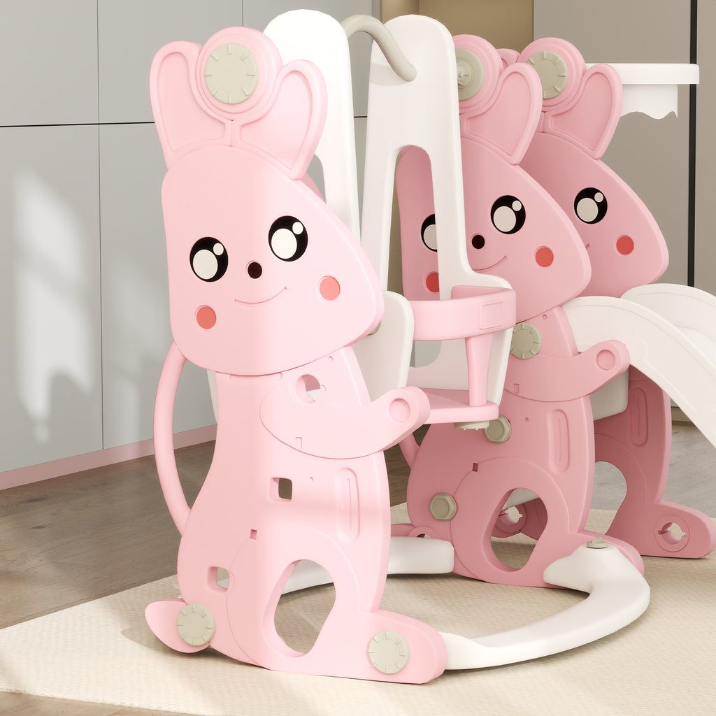 Toboggan et balançoire pour enfants 4 en 1 avec panier de basket, toboggan, balançoire, 147,5x160x107cm, rose-7