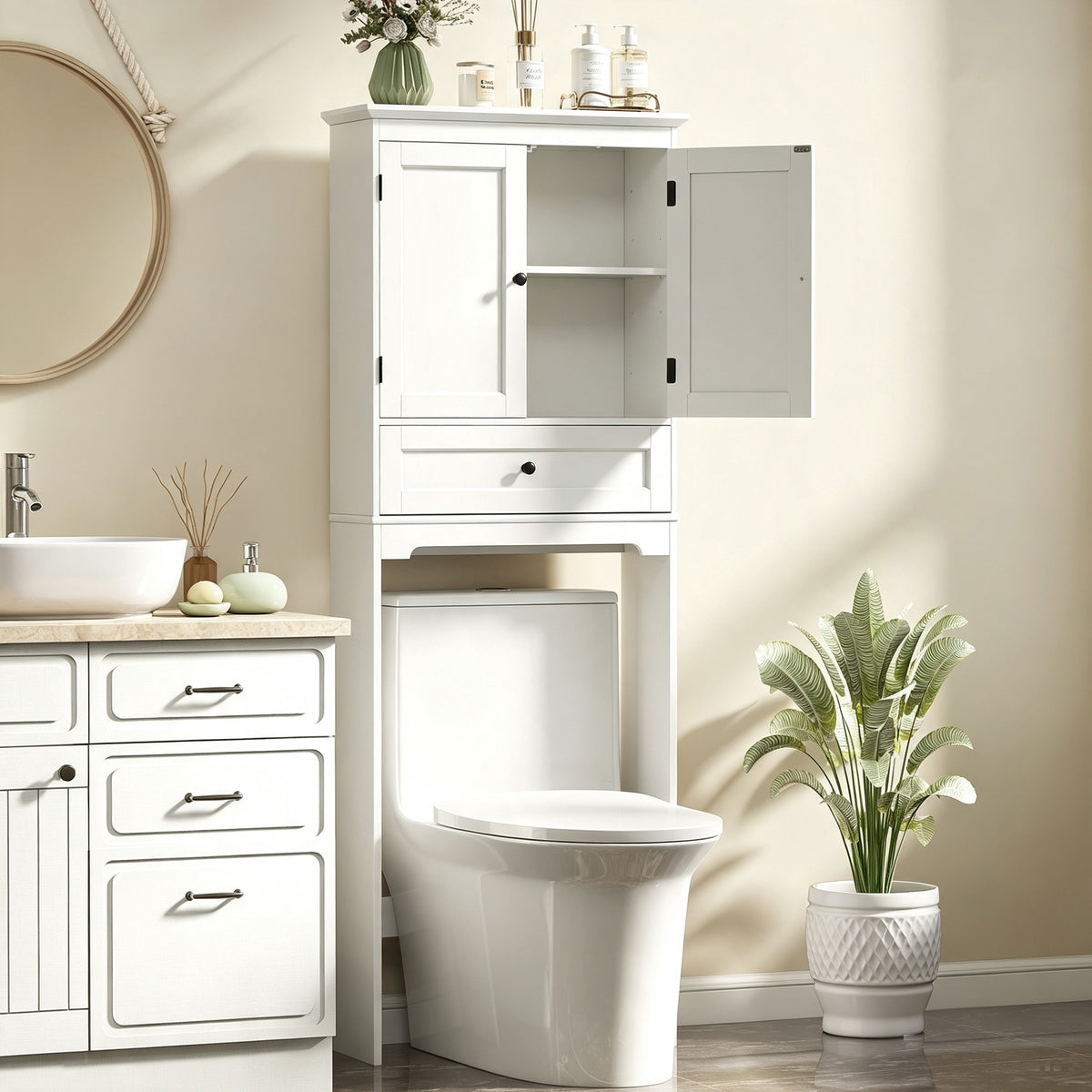 Meuble WC Rangement Dessus de Toilette, Meuble de Toilettes avec 2 Portes, Tiroir et Étagère Réglable, Blanc-1