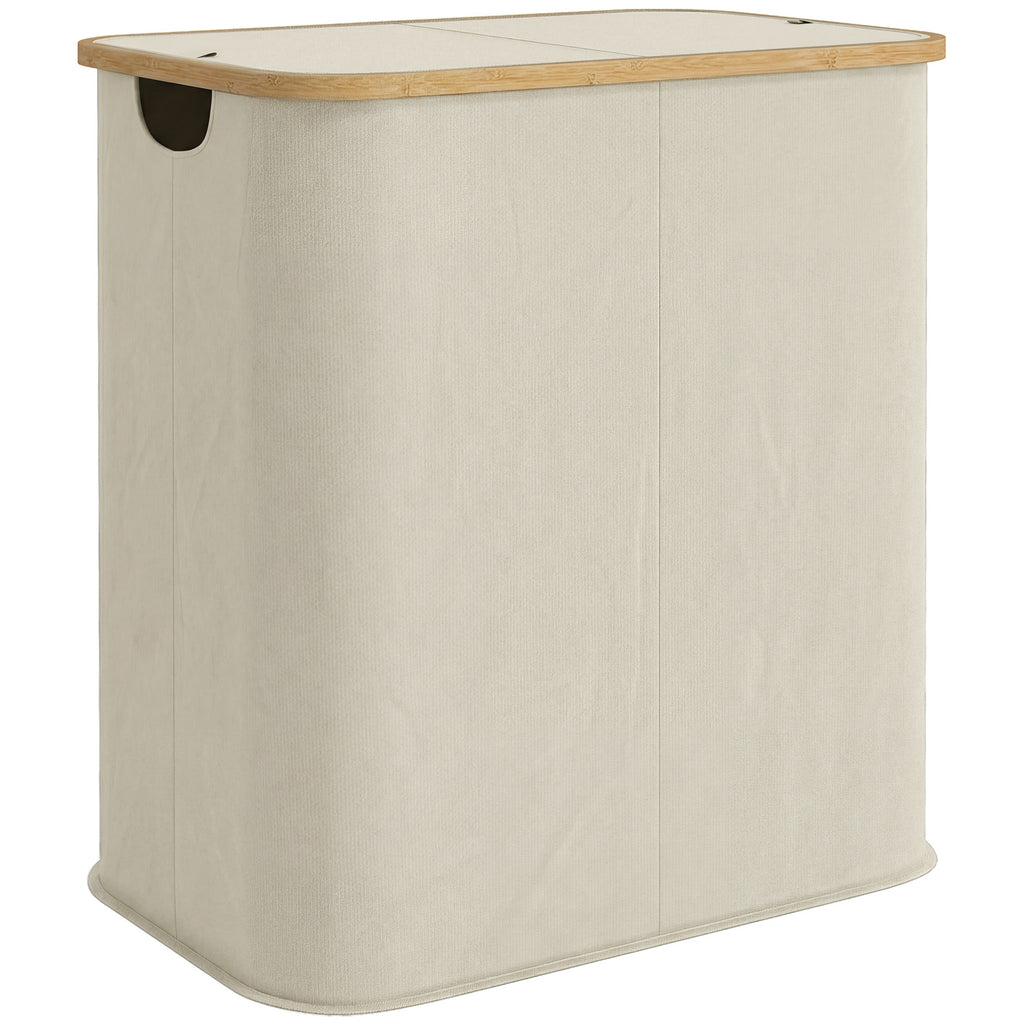 Panier à linge double pliable 80 L corbeille à linge sale avec couvercle, poignées rainurées, beige-0