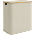 Panier à linge double pliable 80 L corbeille à linge sale avec couvercle, poignées rainurées, beige-0