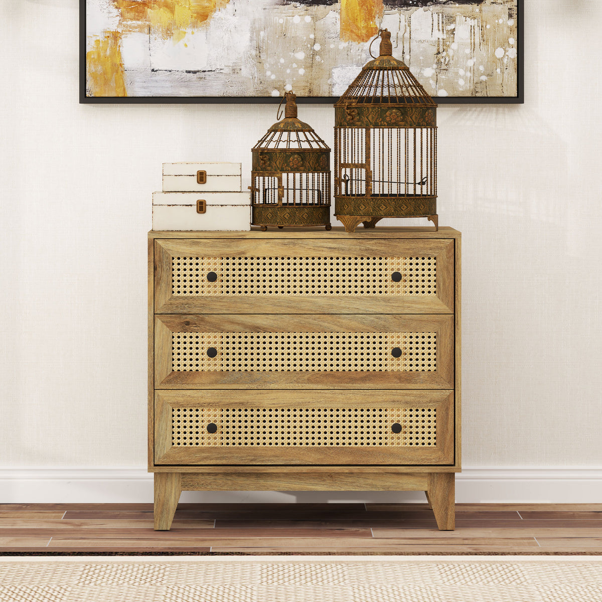 Commode 3 tiroirs meuble de rangement cannage en rotin aspect bois clair 80 x 35 x 76 cm-9