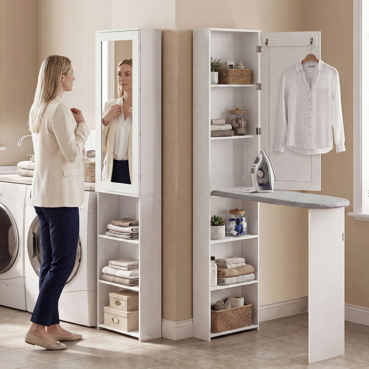 Armoire de Planche à Repasser Pliable avec Miroir, Armoire de Rangement avec 6 Compartiments, 2 Crochets, Blanc-9