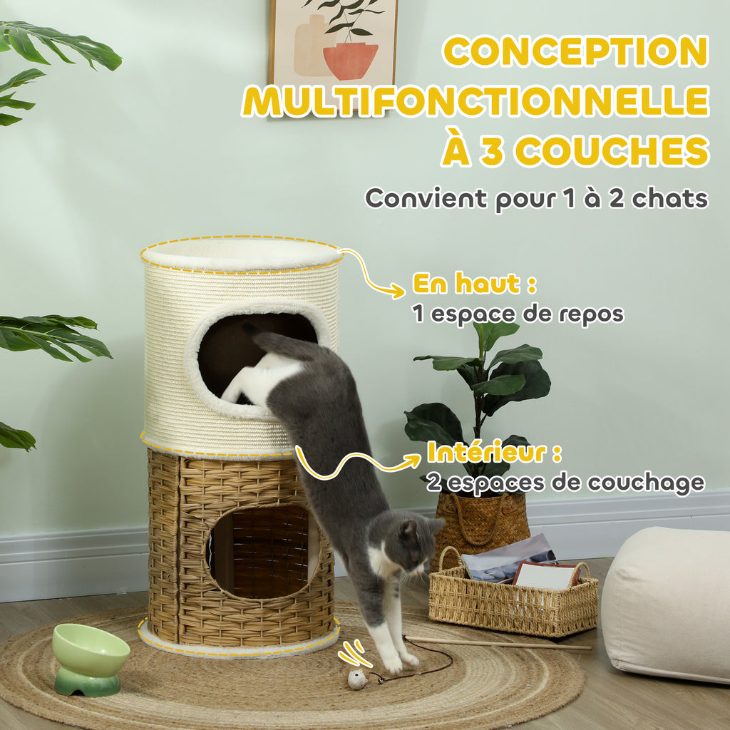 Niche pour chat d'intérieur à 3 niveaux, tour pour chat avec griffoir en sisal à griffer Ø 40 x 80 cm, crème-3