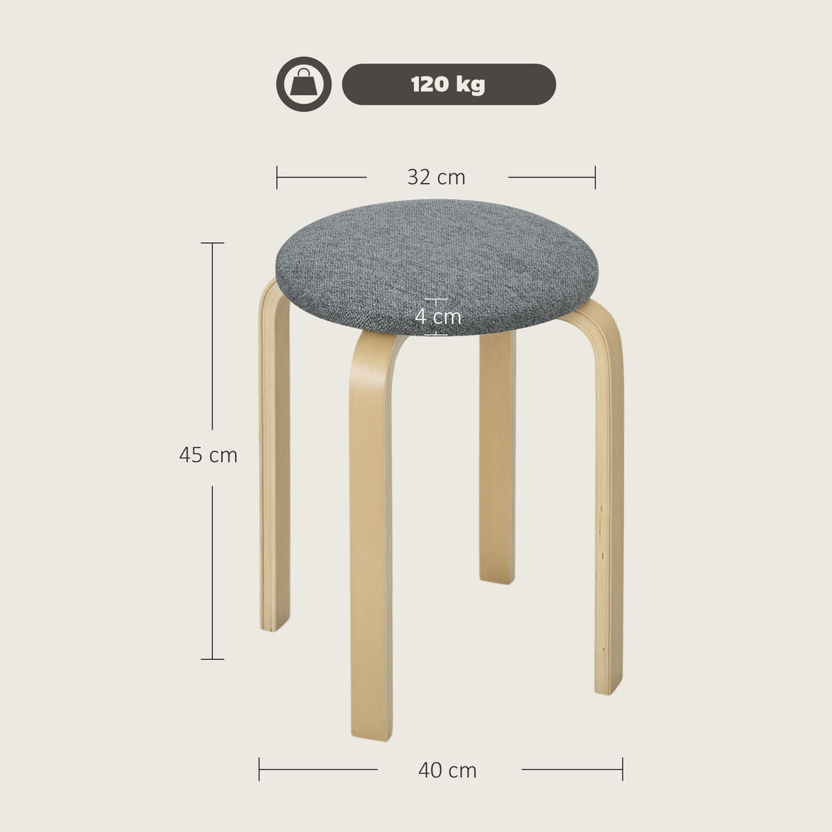 Ensemble de 4 tabourets empilables ronds sans dossier avec assise rembourrée, 40 x 40 x 45 cm, gris-2