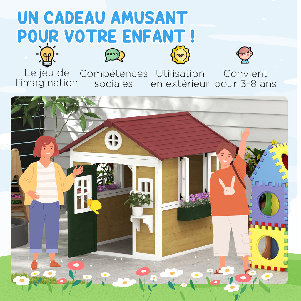 Cabane enfant extérieur maison enfant extérieure avec porte fenêtres et jardinières 114 x 126,4 x 135 cm beige-5