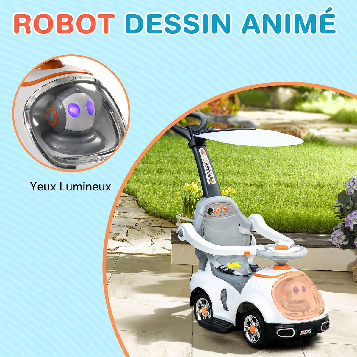 Porteur enfants, porteur bébé voiture à pousser 3 en 1 avec robot thème, pédales, poignée parentale, blanc-4