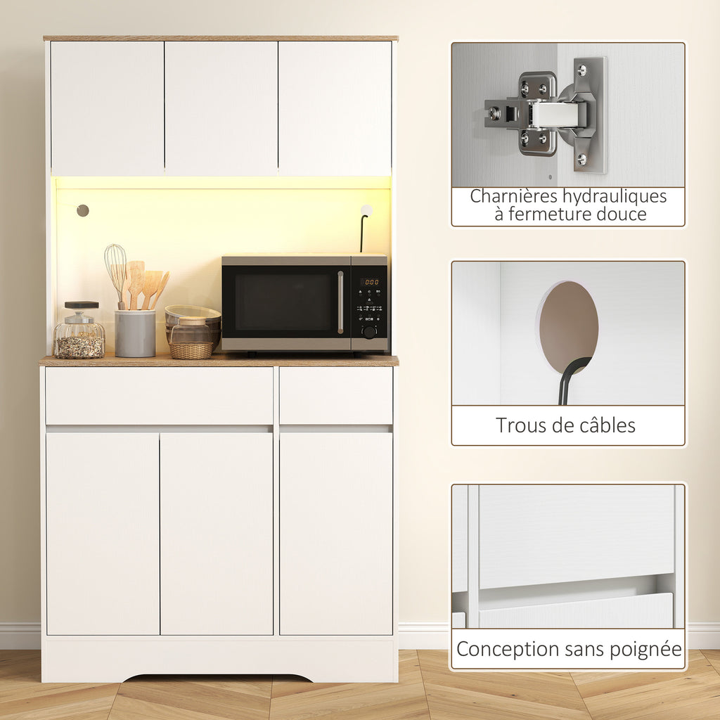Buffet cuisine meuble cuisine rangement haut avec lumière LED RGB, plan de travail, 6 portes, 2 tiroirs, blanc-6
