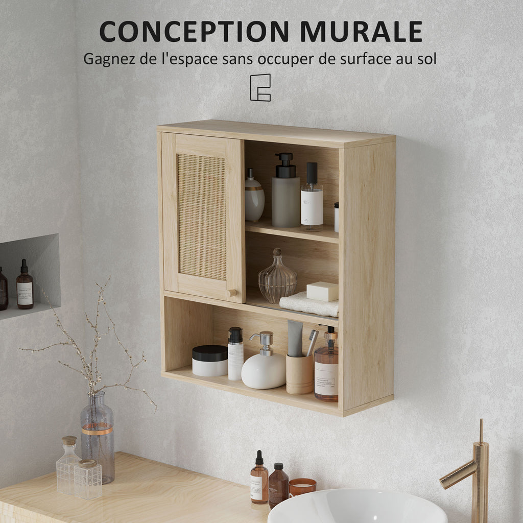 Armoire murale, meuble haut salle de bain avec porte coulissante en rotin et étagères ouvertes, bois naturel-5