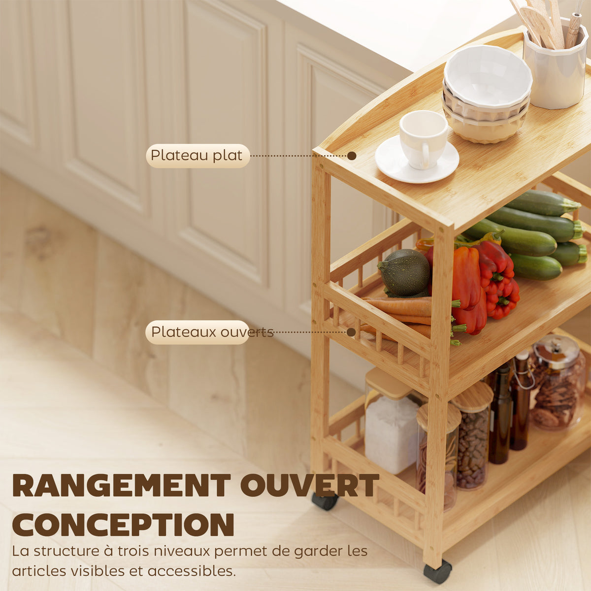 Chariot de cuisine à 3 niveaux, desserte à roulettes en bambou pour chambre, salon, bureau, 53x30,5x83cm, bois naturel-3