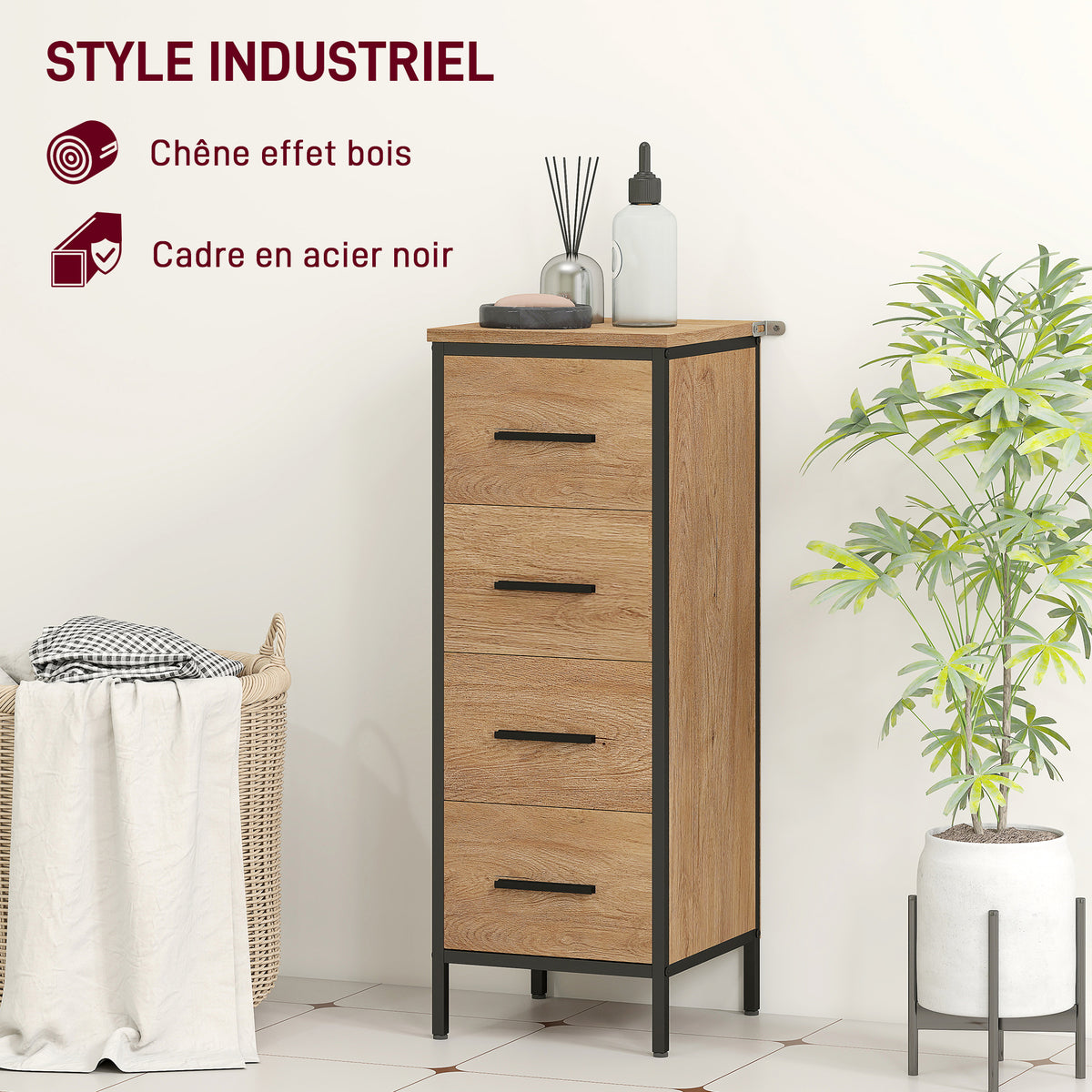 Meuble de salle de bain étroit avec 4 tiroirs et structure en acier, 30 x 30 x 82 cm, chêne-4