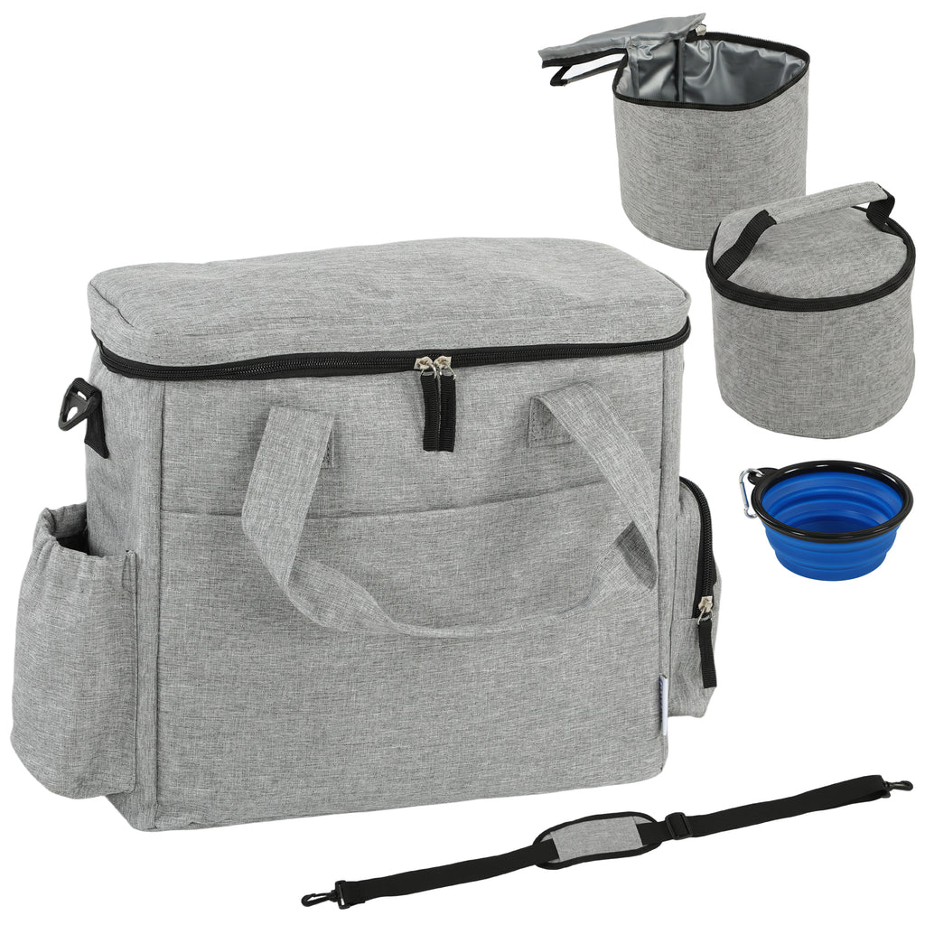 Sac de Transport pour Chien avec Poches, 2 Sacs à Nourriture, Bol Pliable, Séparateur Réglable, 38x17x35cm, Gris Clair-0