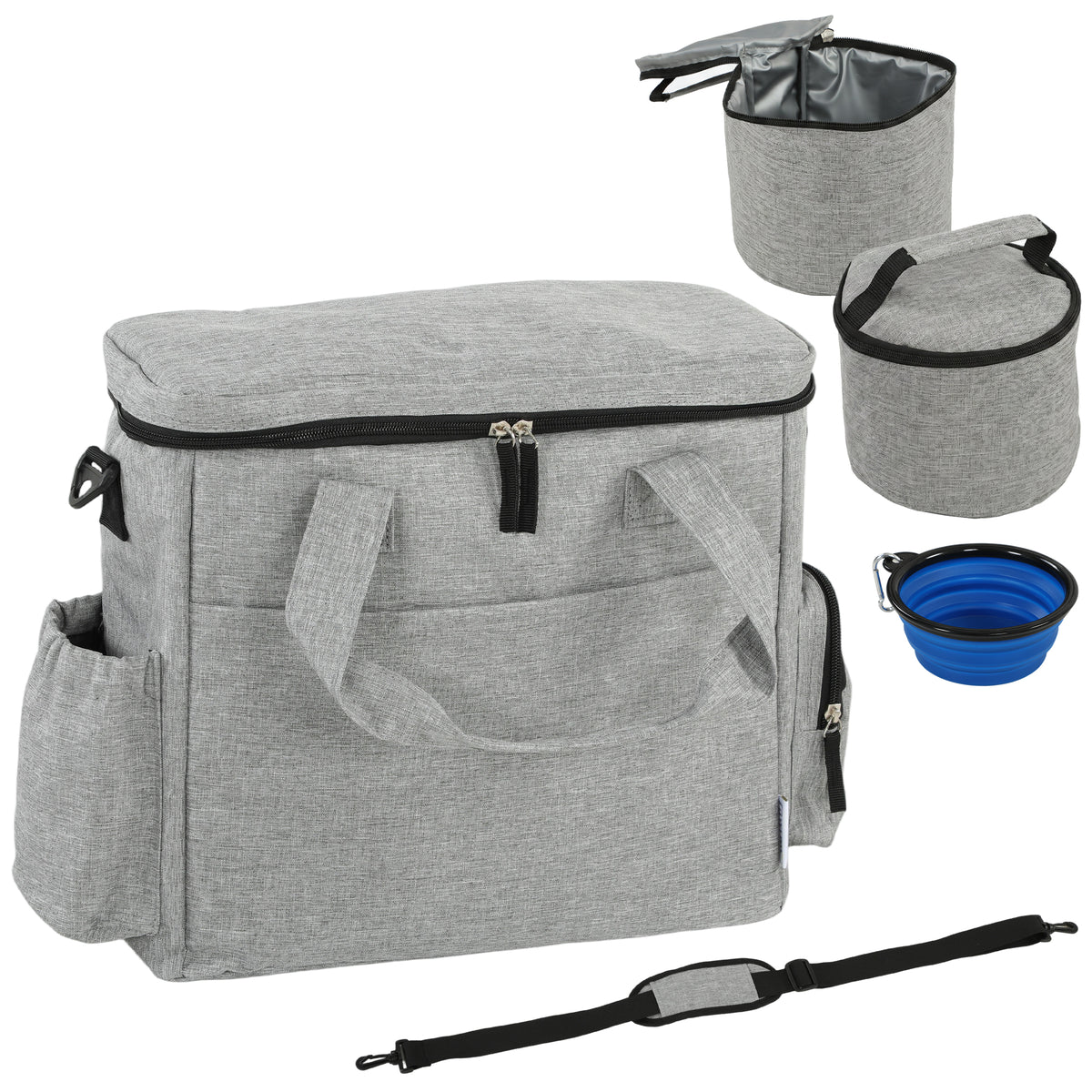 Sac de Transport pour Chien avec Poches, 2 Sacs à Nourriture, Bol Pliable, Séparateur Réglable, 38x17x35cm, Gris Clair-0