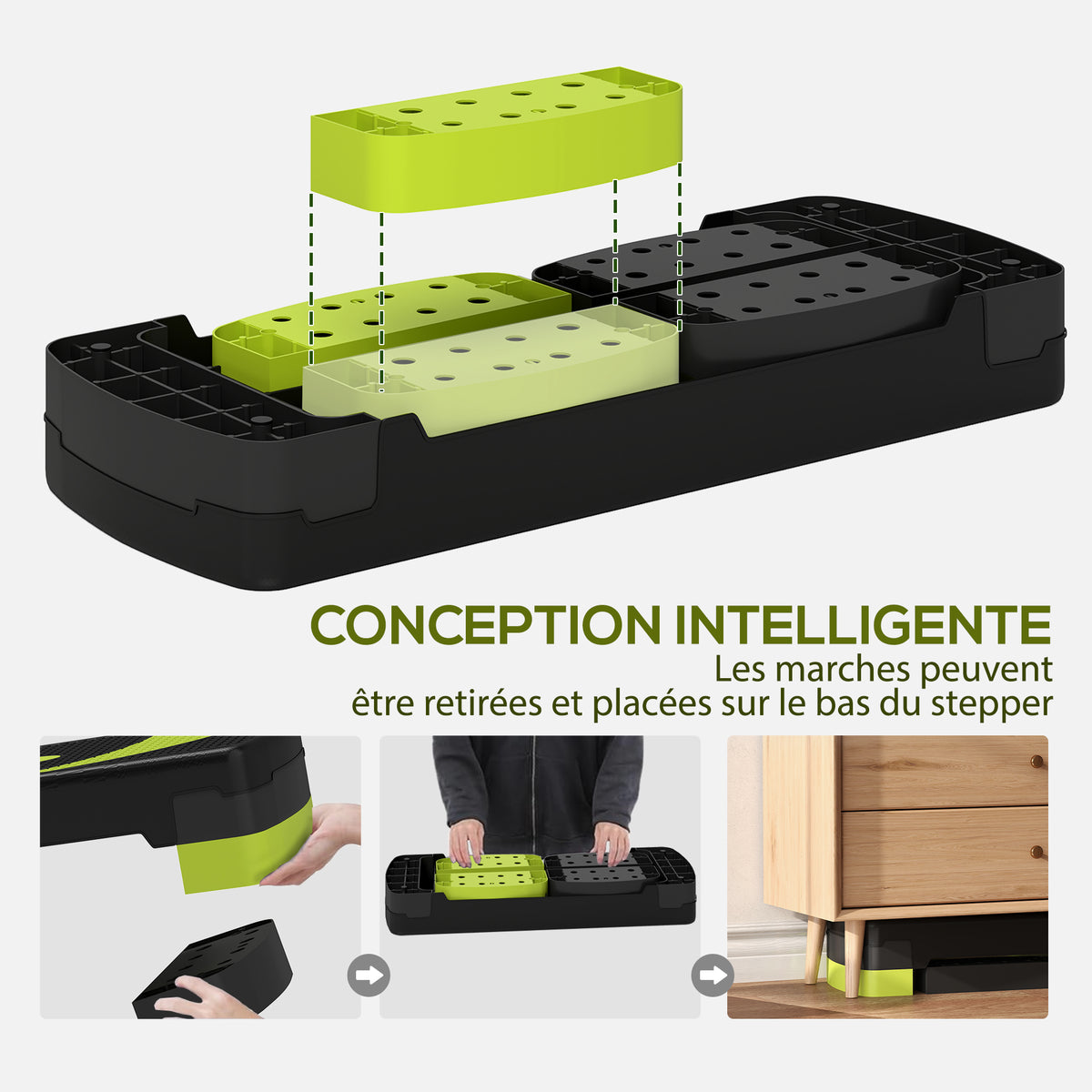 Stepper fitness aérobic hauteur réglable surface antidérapante 80 x 31 x 20 cm noir vert-4