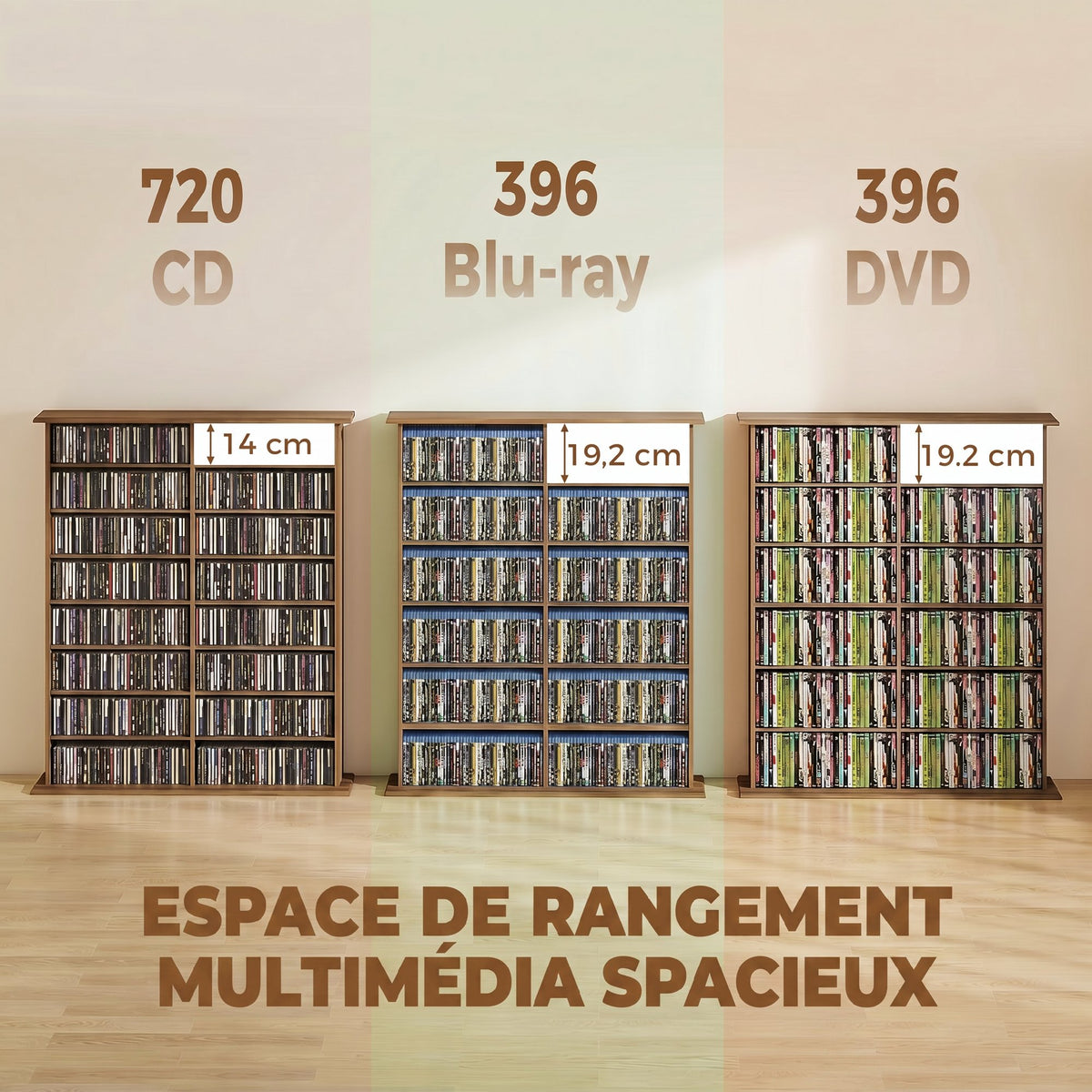 Rangements pour CD et DVD avec 16 compartiments et 12 étagères réglables capacité max. 720 CD/396 DVD et Blu-ray noyer-3
