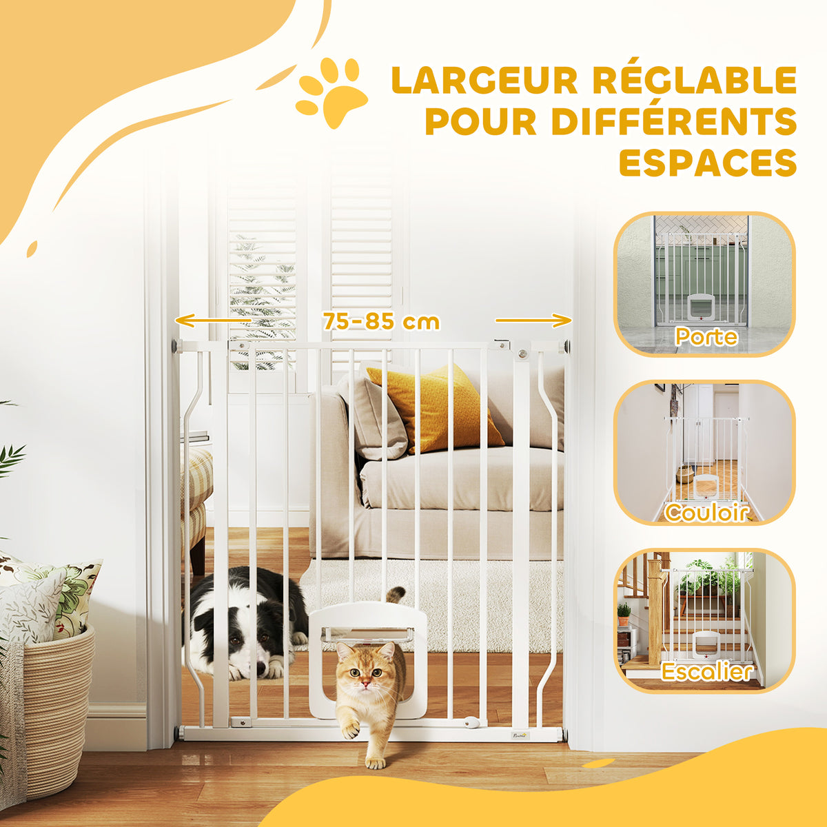 Barrière de sécurité chien extensible 75-85 cm, barrière d'escalier double verrouillage, hauteur 76 cm, blanc-3