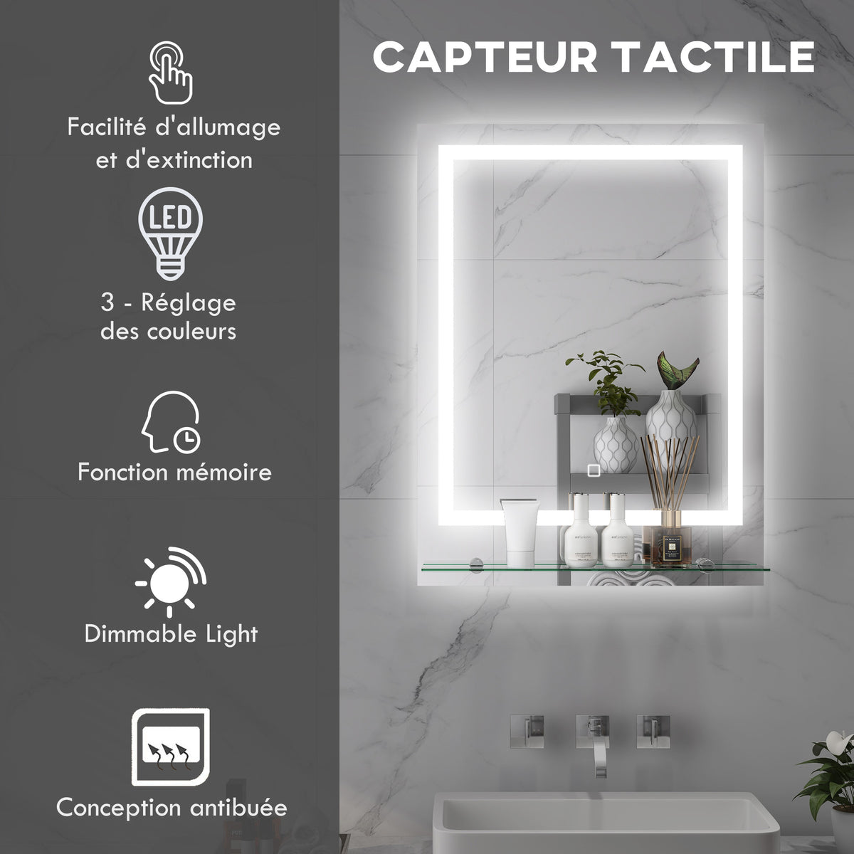 Miroir rectangulaire mural lumineux LED de salle de bain 70 x 50 cm-3