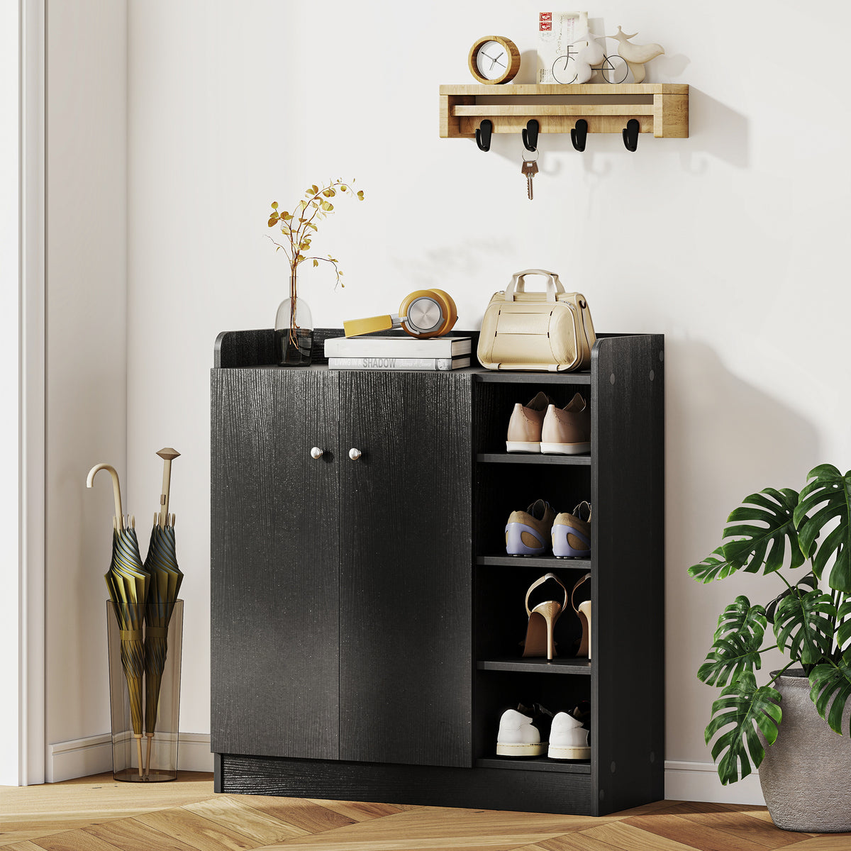 Meuble de rangement à chaussures pour entrée 12 paires - armoire à chaussures avec 4 compartiments ouverts- noir-6