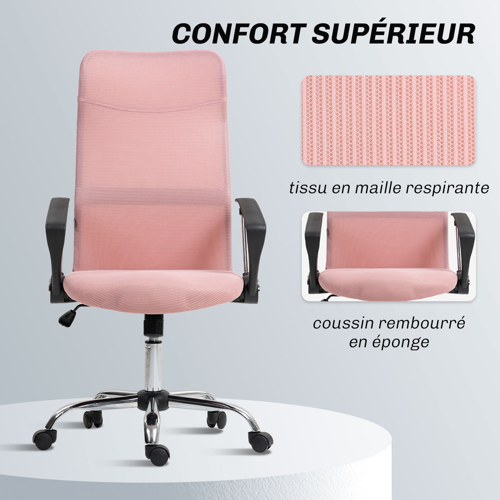 Fauteuil de bureau manager dossier ergonomique hauteur assise réglable pivotant tissu maille 63x65x119109-119cm rose-6