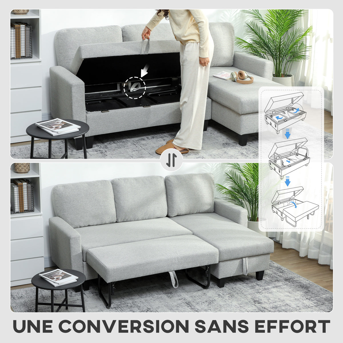 Canapé d'angle convertible réversible, canapé-lit 3 places, méridienne, coffre de rangement, 197lx129x 85cm, gris clair-4