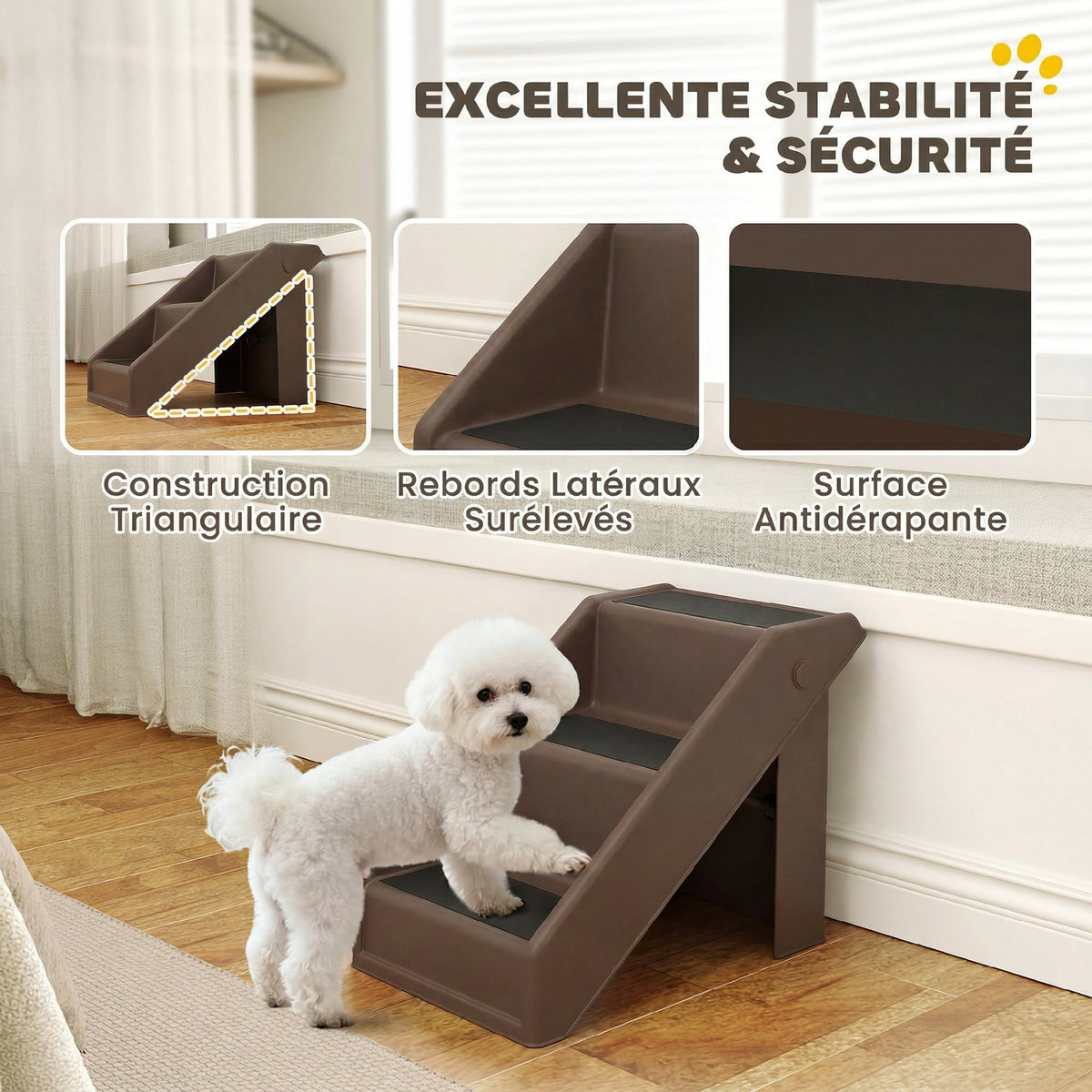 Escalier pour Chien Pliant à 3 Marches Antidérapantes Escalier pour Animaux en Plastique 53 x 30,5 x 36,5 cm Marron-3