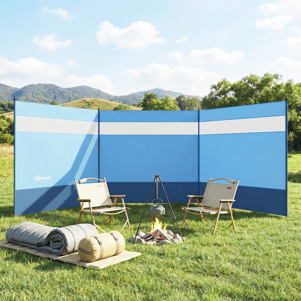 Paravent brise-vent de camping portable pliable avec sac de transport et poteaux en acier dim. 440 cm x 140 cm bleu-1