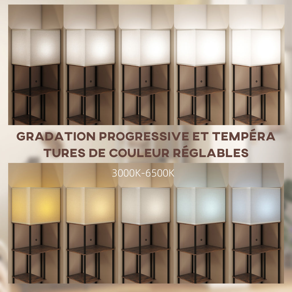 Lampadaire avec étagères, lampadaire sur pied de salon dimmable, télécommande, 40 x 29 x 171 cm, brun rustique-3
