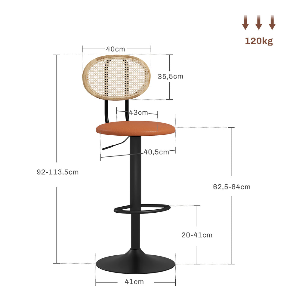 Lot de 2 tabourets de bar chaises de bar hauteur réglable avec dossier en rotin et repose-pieds, marron-2