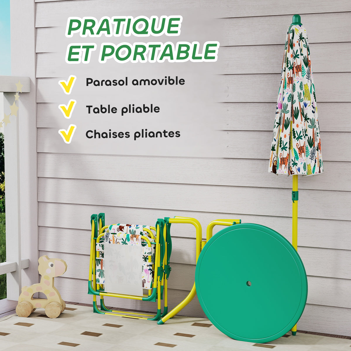 Ensemble Salon de Jardin Extérieur Enfant avec 2 Chaises Pliantes et Parasol, Thème Jungle, pour Jardin, Terrasse, Vert-4