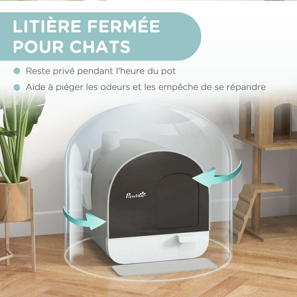 Bac à litière pour chat avec porte battante pelle et filtre inclus dim. 43L x 44l x 47H cm gris-4