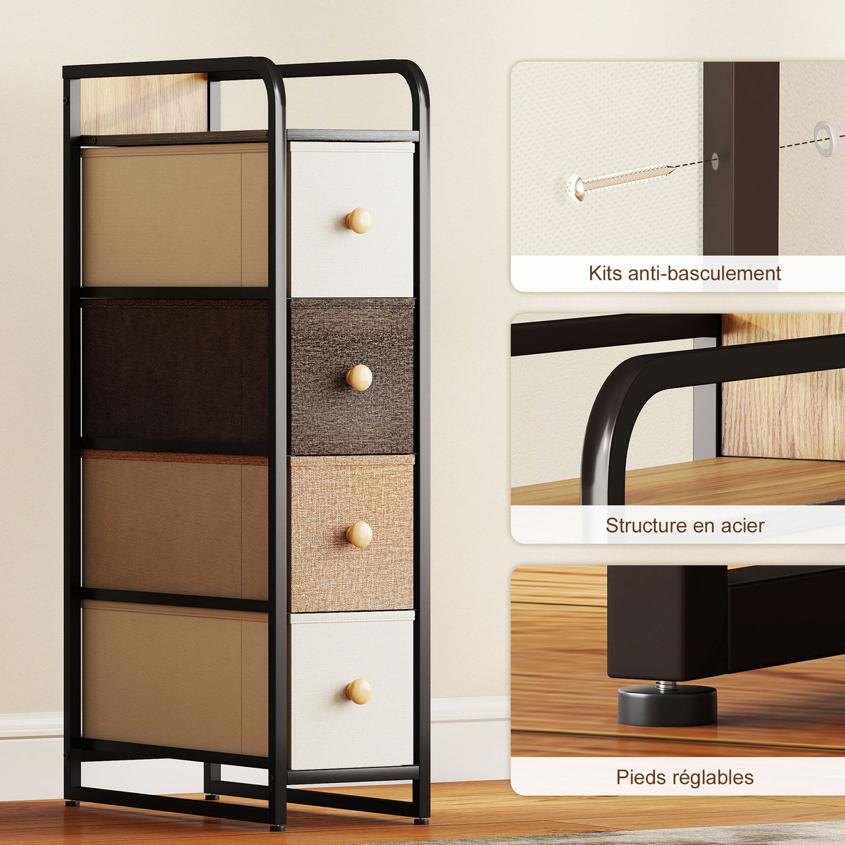 Commode avec 4 tiroirs en tissu pliables, commode chambre plateau et cadre en acier, 20 x 47 x 84,5 cm, multicolore-6