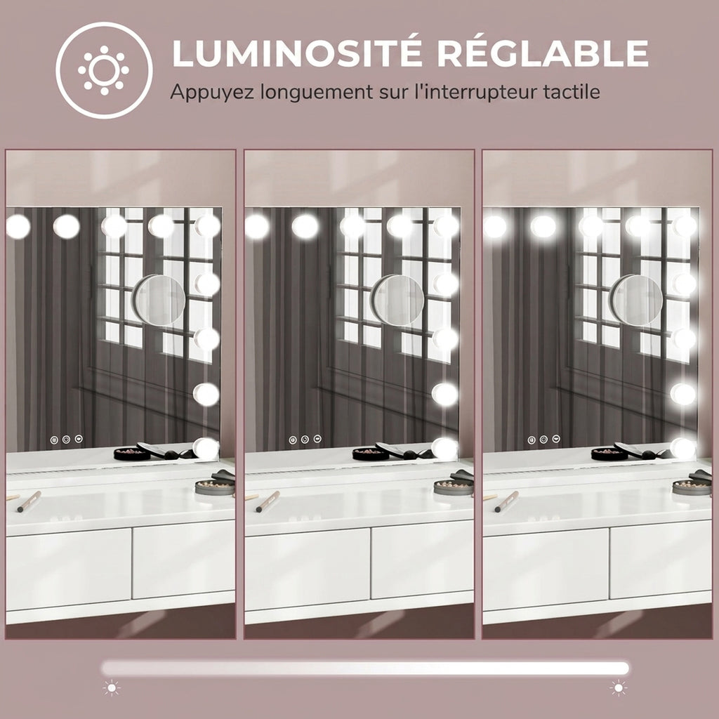 Miroir Maquillage Hollywood 58 x 48 cm, Miroir Coiffeuse LED, 15 Ampoules, 3 Modes d'Éclairage, Port USB de Charge-5