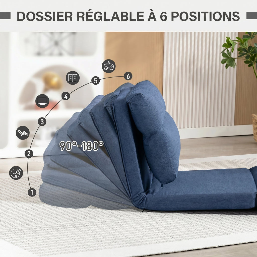 Fauteuil de sol canapé paresseux fauteuil convertible en lit inclinable 90° à 180° tissu - 70 x 72 x 56 cm - bleu foncé-4