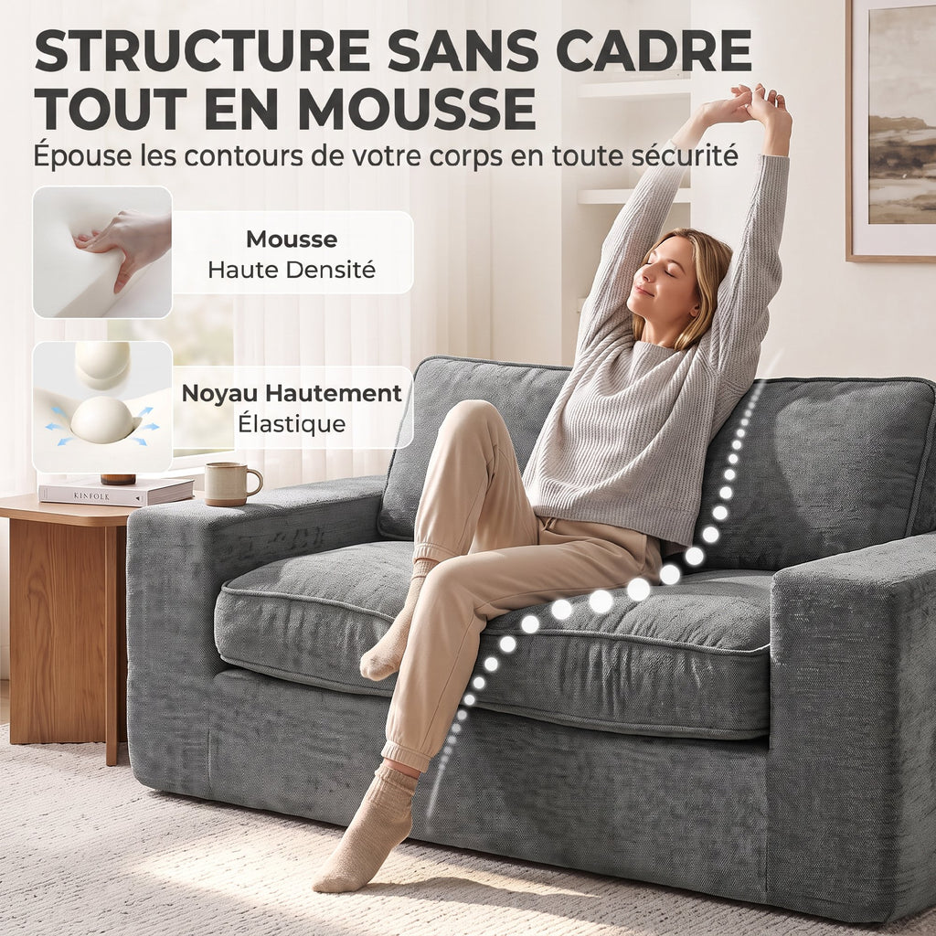 Canapé 2 Places en Chenille, Canapé de Salon 156 cm, Assise et Accoudoirs Larges Rembourrées, 2 Oreillers, Gris-3