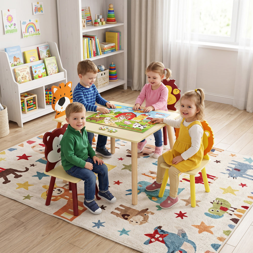 Ensembl Table pour Enfant avec 4 Chaises 5 Pièces en Bois, Dossier en Forme Animale, Coins Arrondis, 3-8 Ans, Jaune-9