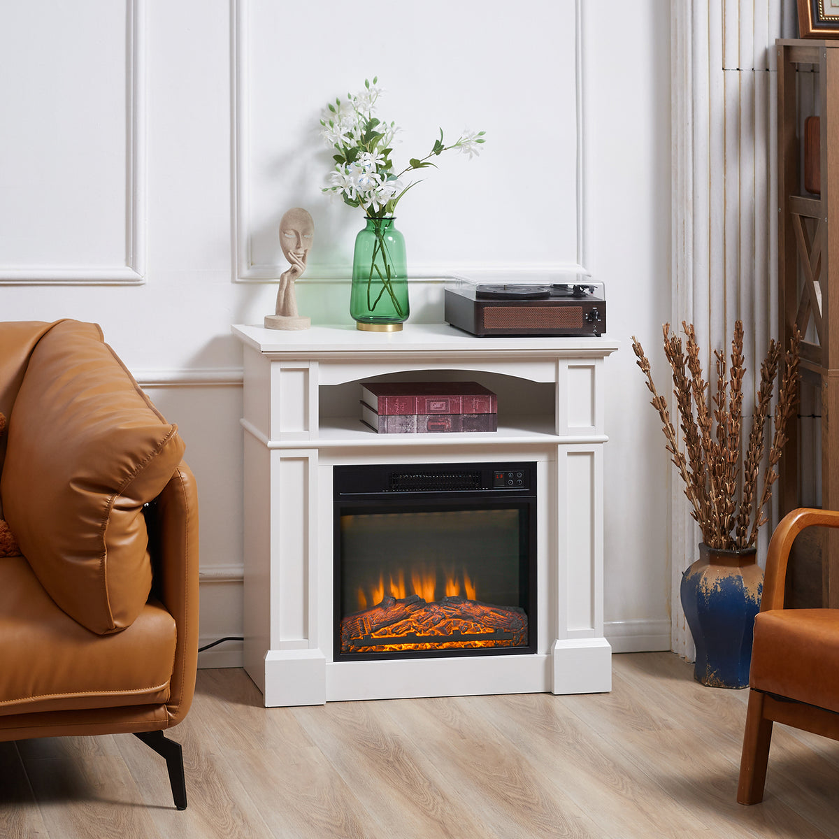 Cheminée électrique effet flammes LED luminosité réglable avec télécommande - 1800 W - 80,5 x 32,3 x 80,5 cm blanc-1