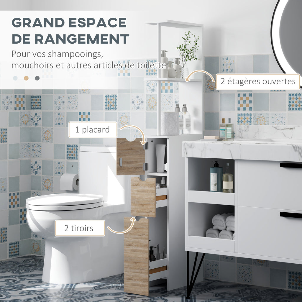 Meuble colonne salle de bain armoire de salle de bain avec tiroirs étagères ouvertes placard 15 x 33 x 136,8 cm blanc-3