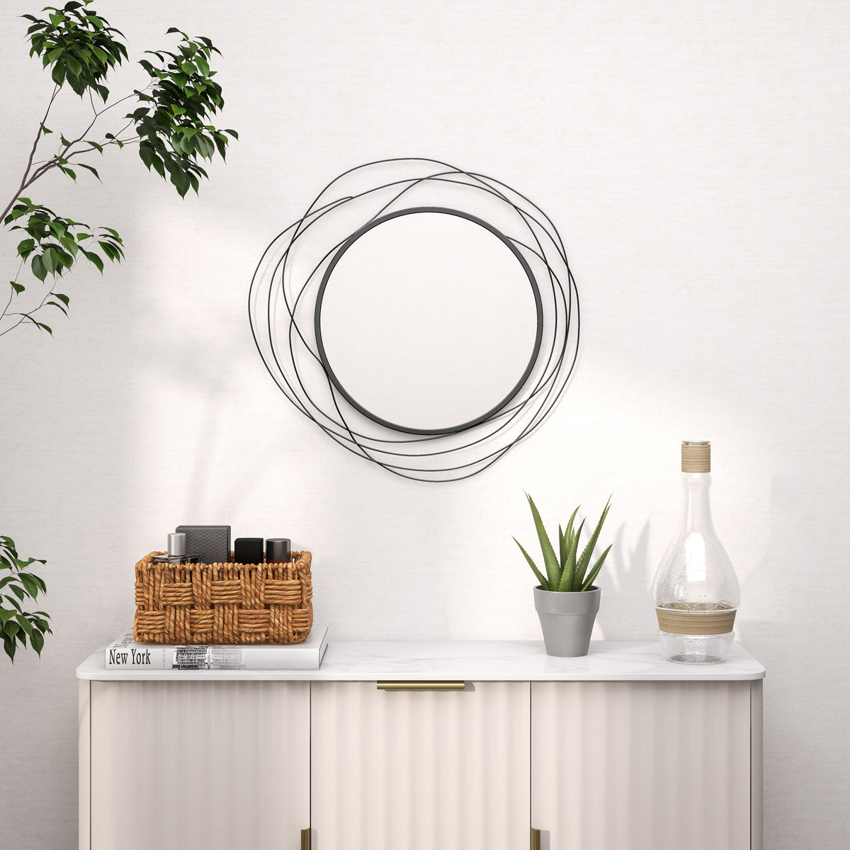 Miroir rond en métal filaire noir, décoration style moderne, diamètre Φ65 cm-1