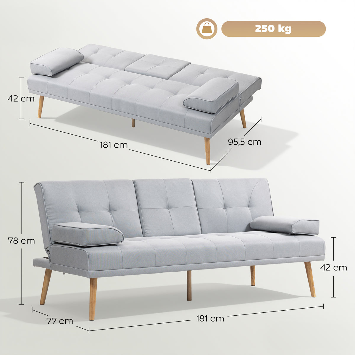 Canapé convertible 3 places, canapé-lit rembourré avec dossier réglable 3 niveaux, 2 coussins et 2 porte-gobelets intégrés, tissu de lin, pour salon, chambre d'amis, petit espace, gris clair-2
