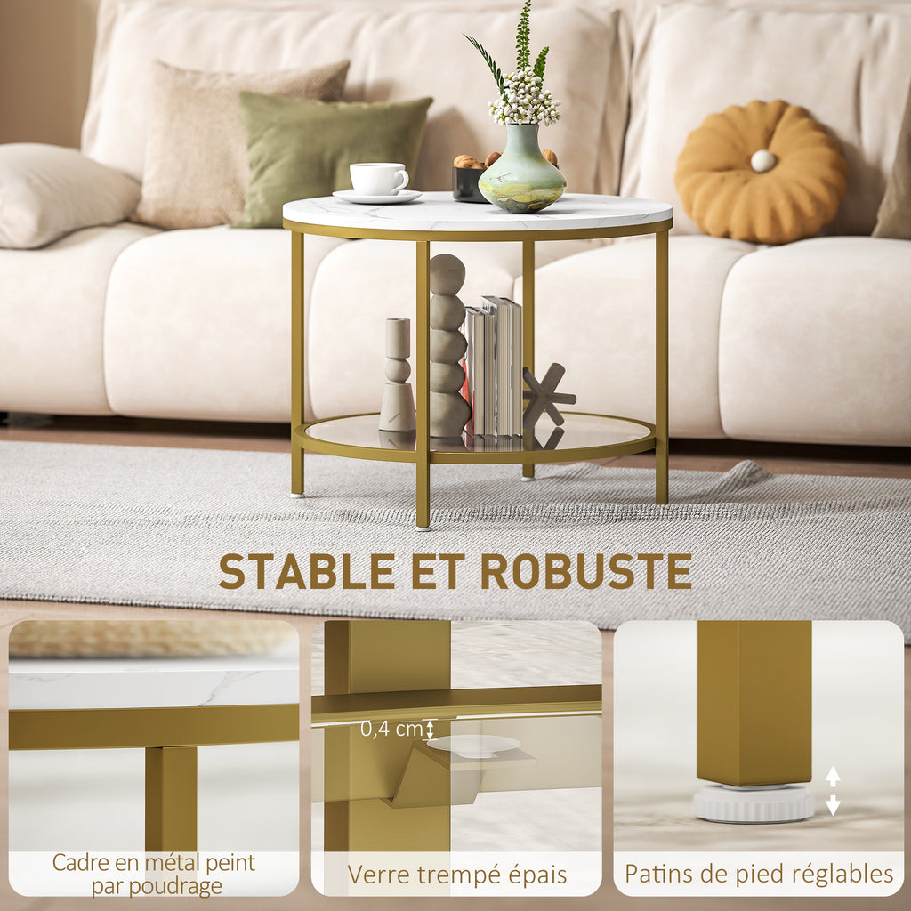 Table basse salon ronde moderne à 2 niveaux plateau effet marbre et étagère en verre trempé, Ø 60 x 45 cm, blanc et doré-4