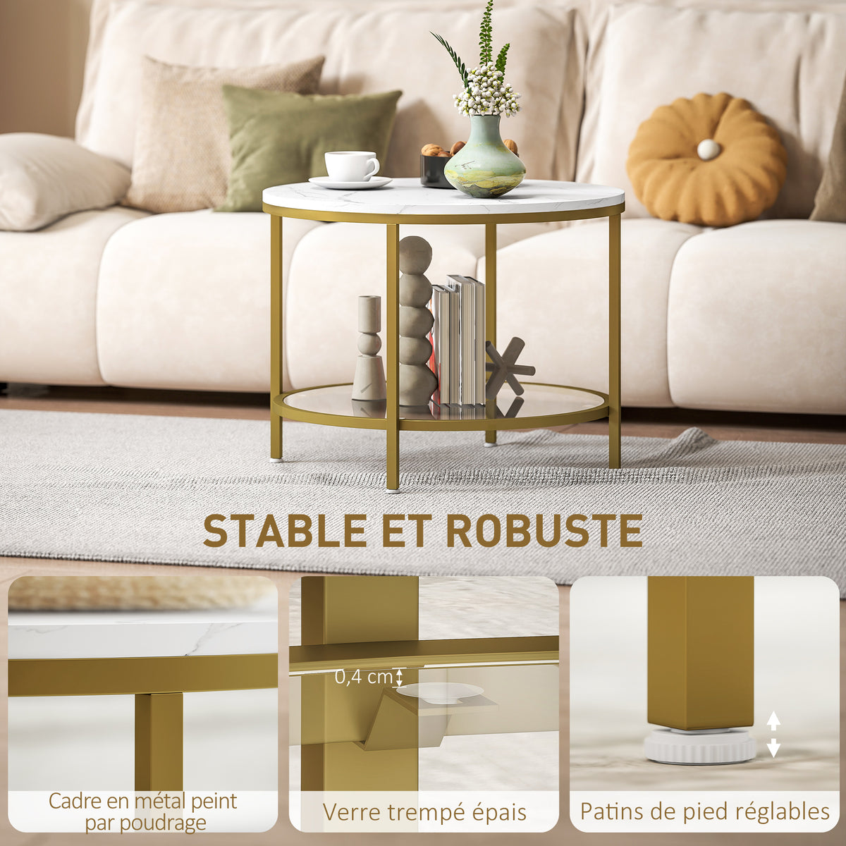 Table basse salon ronde moderne à 2 niveaux plateau effet marbre et étagère en verre trempé, Ø 60 x 45 cm, blanc et doré-4