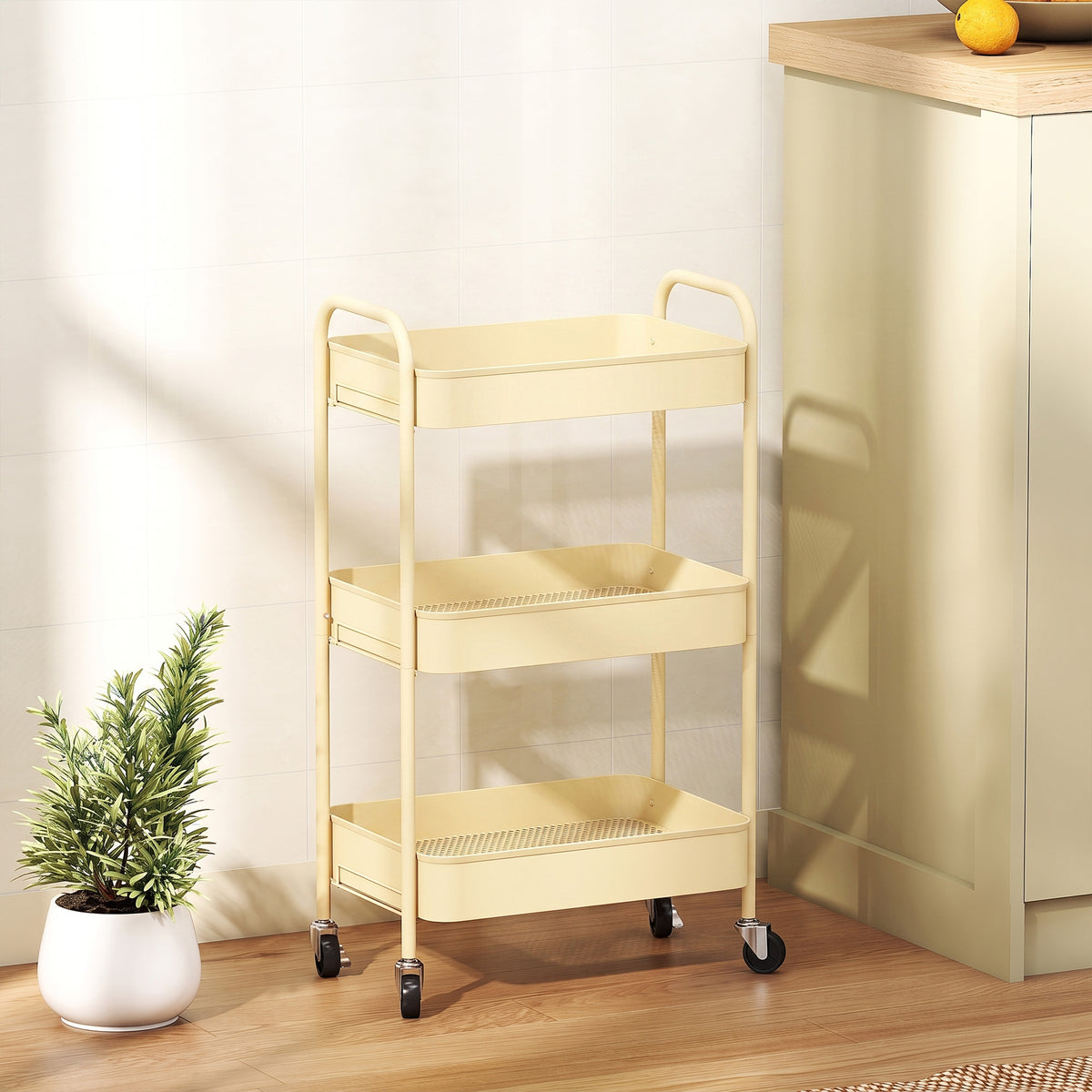 Desserte, Chariot de Rangement en Acier, Chariot de Service à Roulettes, 3 Plateaux Ajourés, 45 x 30,6 x 79 cm, Jaune-1