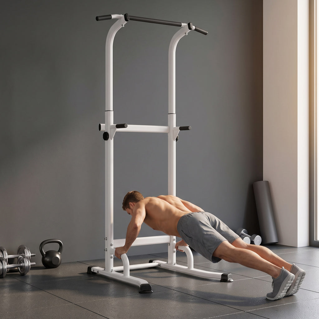 Power tower dip barre de traction autoportante réglable en hauteur cadre acier 91,5 x 97,5 x 176,5-227 cm pour la maison-7